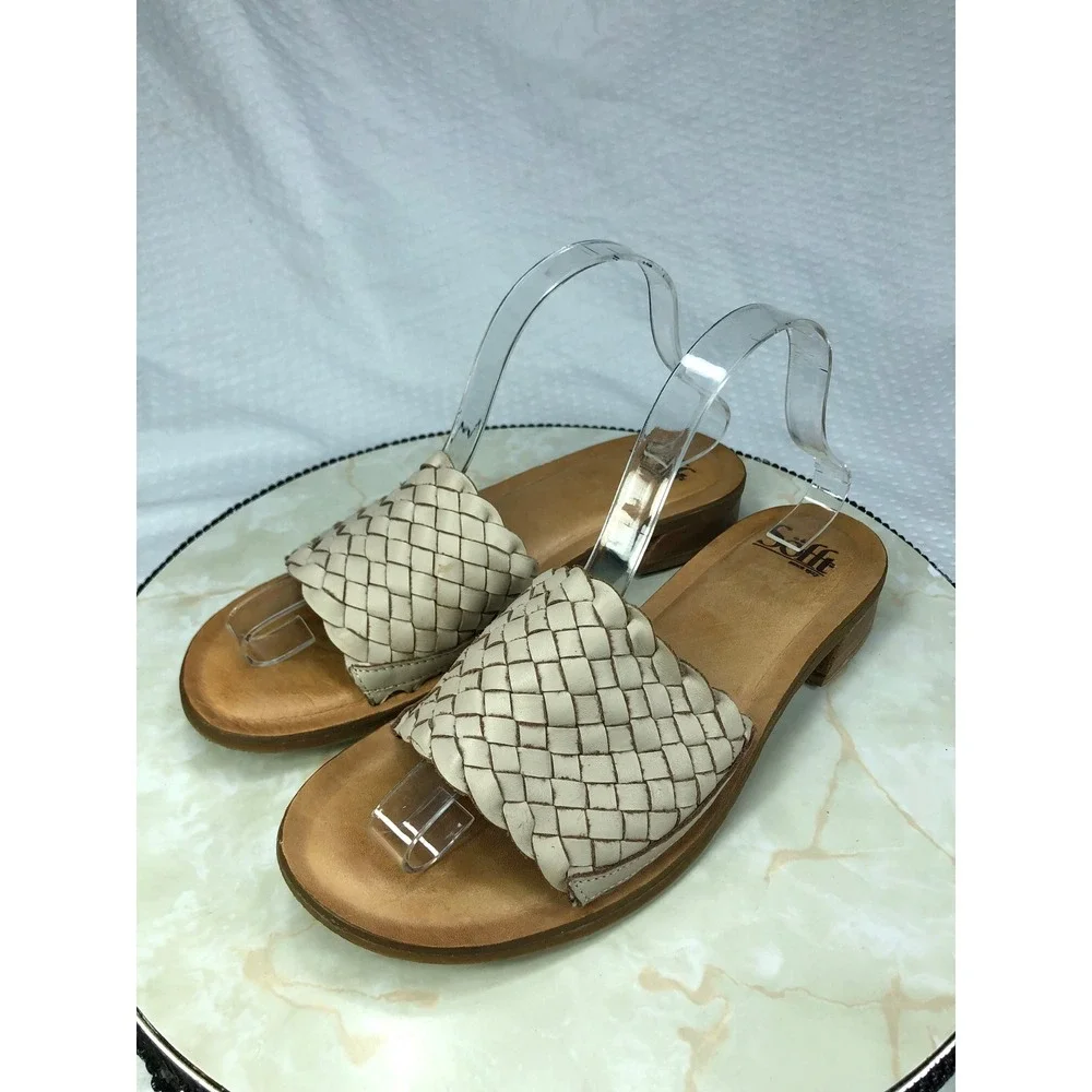 Sofft Woven Leather Open Toe Slide Sandals Womens 9.5 Cream Summer Comfy Flats